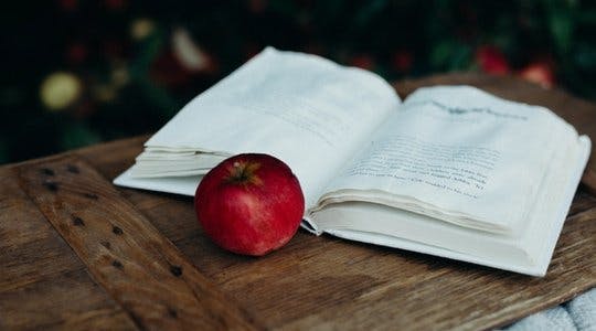 En åpen bok og et eple.
